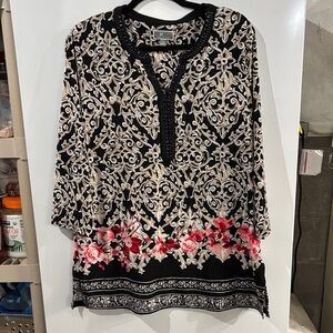 Elegant Black and Cream Floral Women's Top by JM Collection